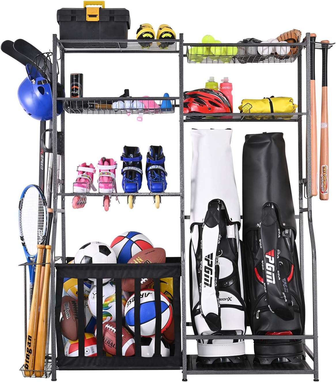 Golf Equipment Organizer For Garage - ガレージスポーツ用品収納スタンド、ゴルフバッグオーガナイザーラックフレームコンテナユニット、ボール収納ホルダー棚、伸縮性ストラップ付き、ブラックガレージシステム