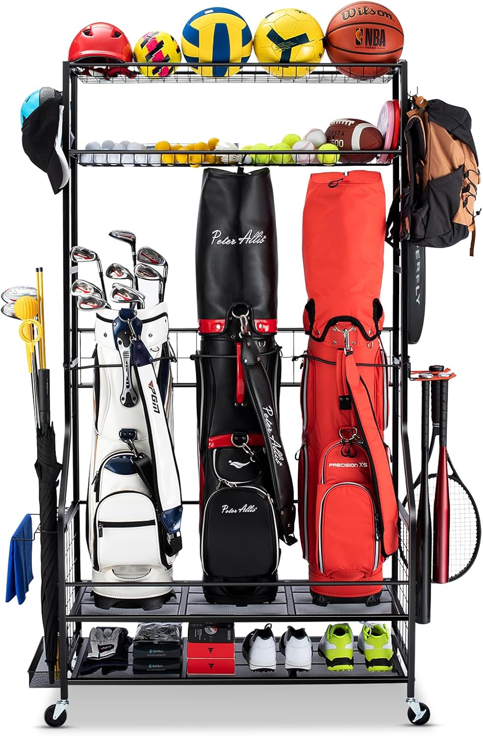 Golf Equipment Organizer For Garage - ゴルフバッグ収納オーガナイザーラック、頑丈なガレージ機器スタンド（ホイール付き）、スチール製ゴルフクラブホルダーコンテナユニット収納フレーム（ブラック）