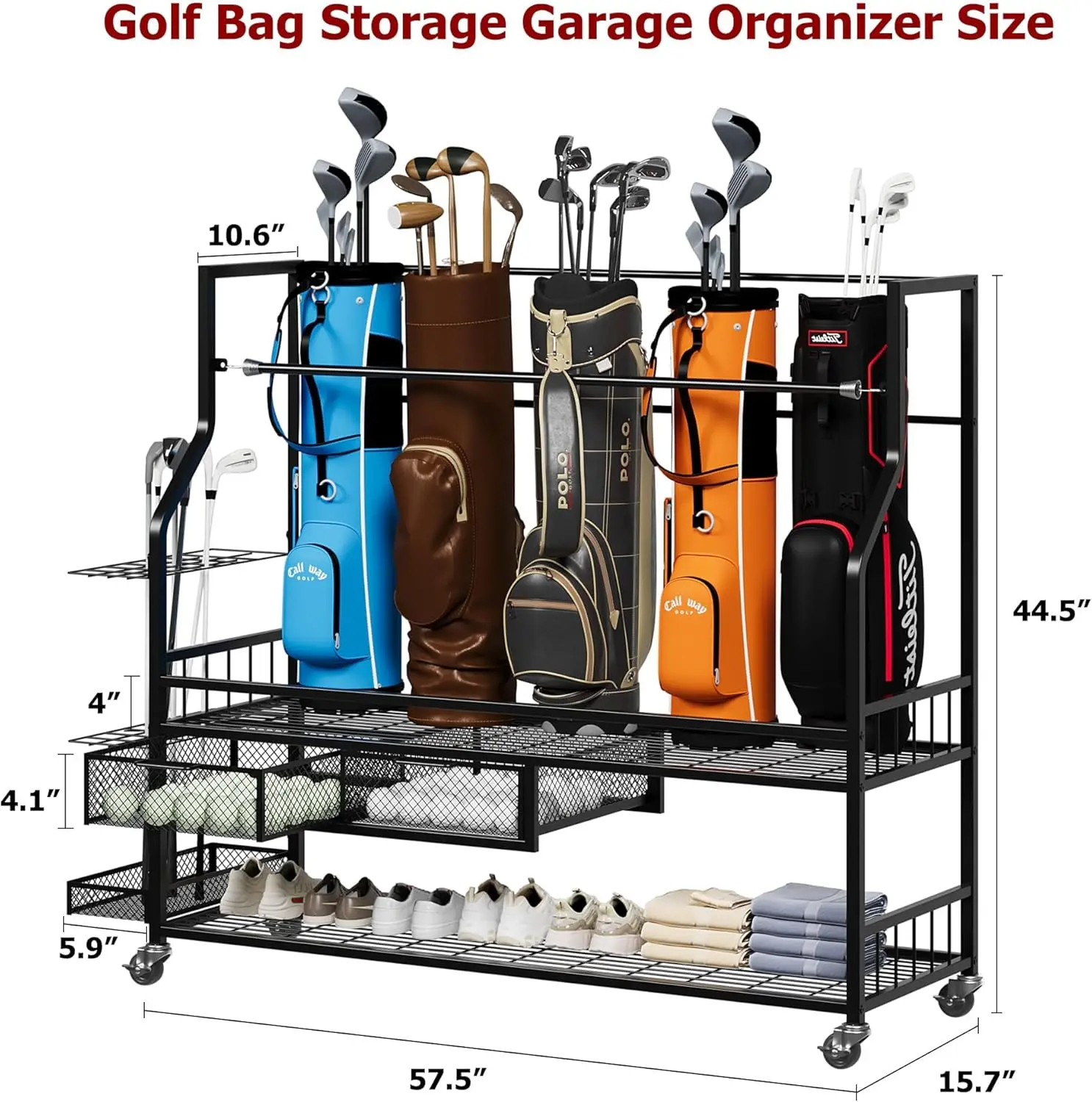 Golf Equipment Organizer For Garage - 多機能ローリングゴルフバッグ収納棚（車輪付き）金属製スポーツ用品オーガナイザーラック、ガレージ用ゴルフクラブホルダー兼オーガナイザー