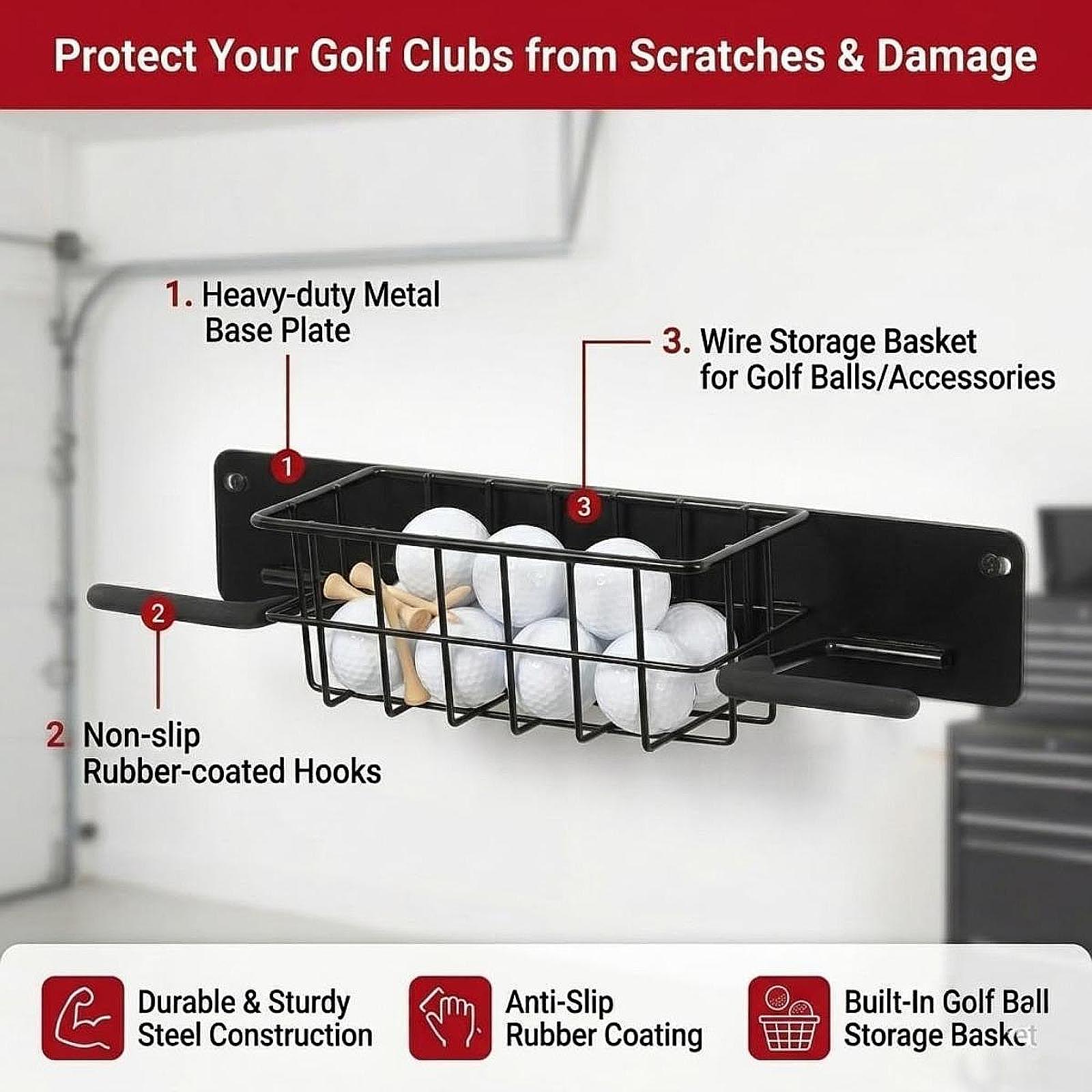 省スペースゴルフ用品壁掛けラック、金属製バッグホルダー、収納 - Golf Equipment Organizer For Garage のレビューと価格