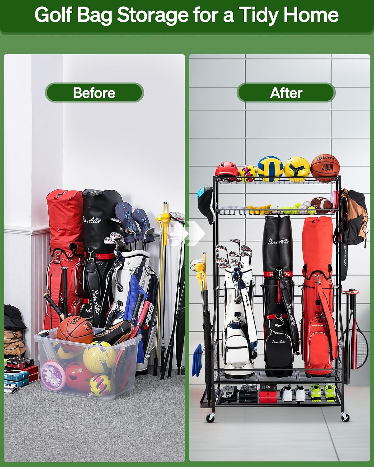 ゴルフバッグ収納オーガナイザーラック、頑丈なガレージ機器スタ - Golf Equipment Organizer For Garage のレビューと価格