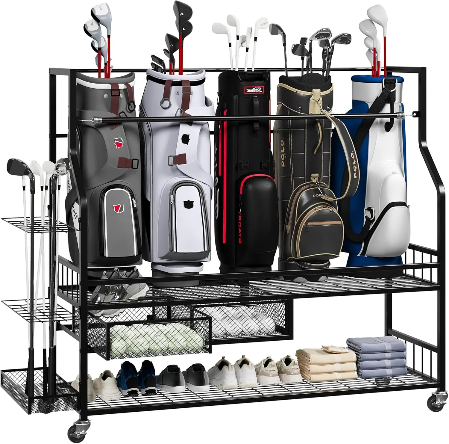 多機能ローリングゴルフバッグ収納棚（車輪付き）金属製スポーツ - Golf Equipment Organizer For Garage のレビューと価格
