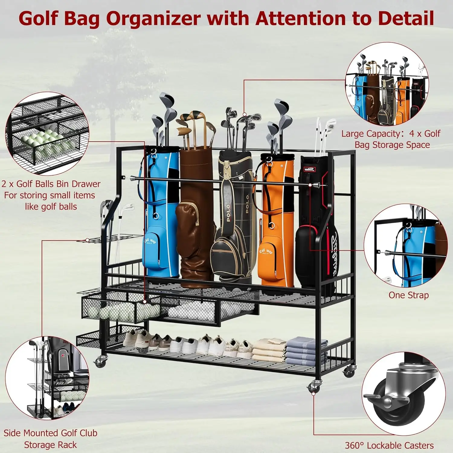 多機能ローリングゴルフバッグ収納棚（車輪付き）金属製スポーツ - Golf Equipment Organizer For Garage のレビューと価格