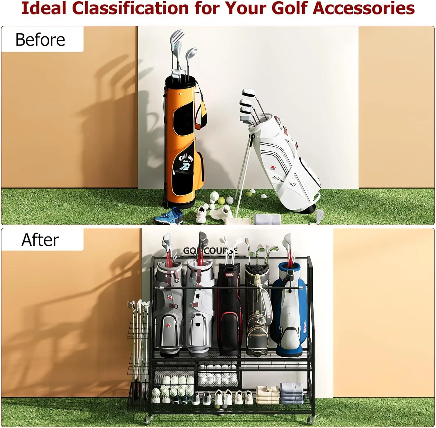 多機能ローリングゴルフバッグ収納棚（車輪付き）金属製スポーツ - Golf Equipment Organizer For Garage のレビューと価格